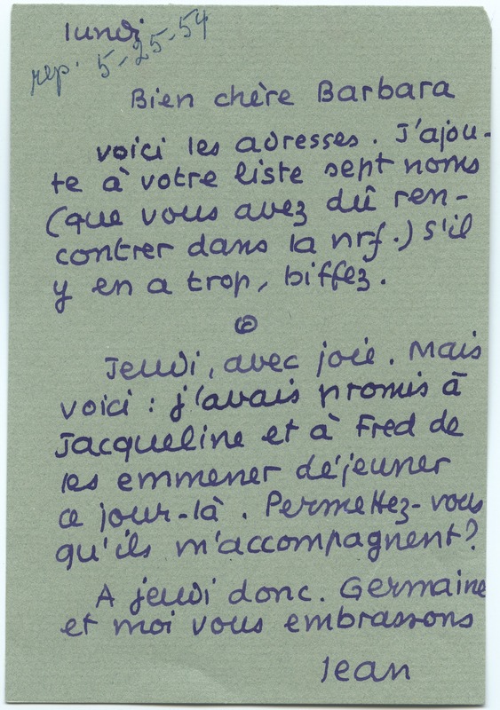 Lettre de Jean Paulhan à Barbara Church (1954)