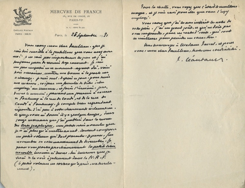 Lettre de Paul Léautaud à Jean Paulhan, 1931-09-28