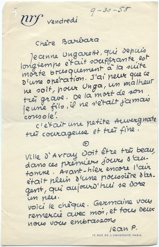 Lettre de Jean Paulhan à Barbara Church (30 septembre 1958)