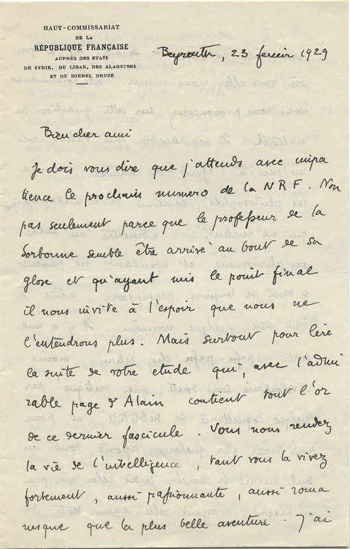 Lettre de Gabriel Bounoure à Jean Paulhan, 1929-02-23