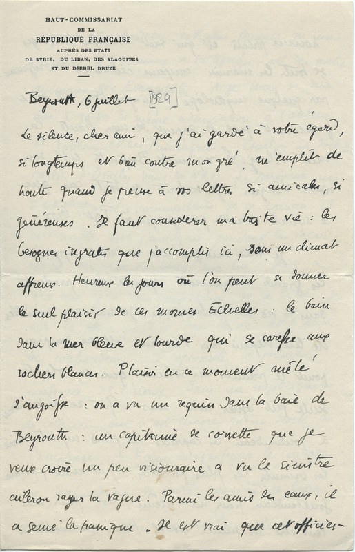 Lettre de Gabriel Bounoure à Jean Paulhan, 1929-07-06