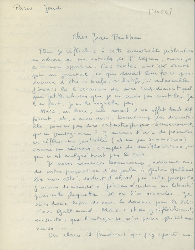 Lettre d'Alain Robbe-Grillet à Jean Paulhan, 1956 Lettre d'Alain Robbe-Grillet à Jean Paulhan, 1956