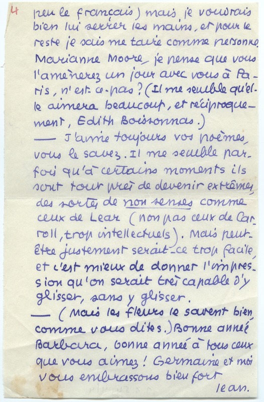 Lettre de Jean Paulhan à Barbara Church (1er janvier 1954)