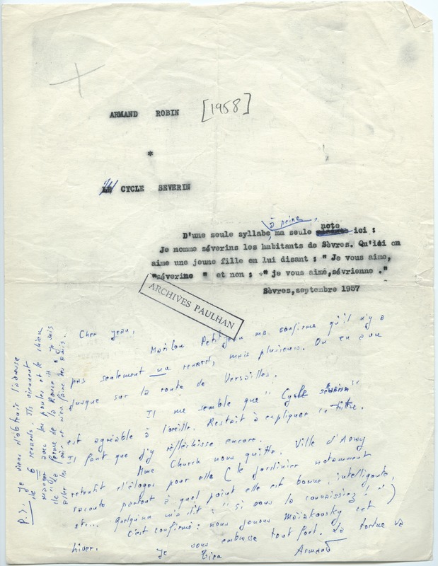 Lettre d'Armand Robin à Jean Paulhan (16 février 1958)