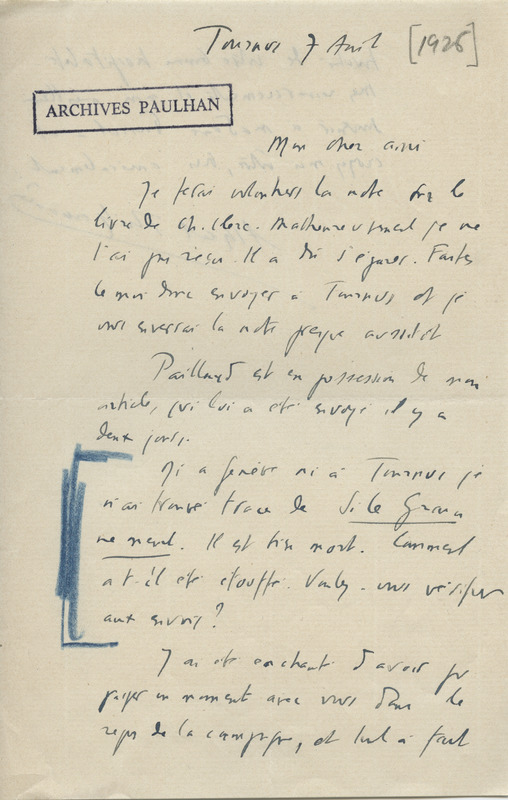 Lettre d'Albert Thibaudet à Jean Paulhan, 1926-04-07