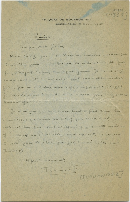 Lettre de Ramon Fernandez à Jean Paulhan (1er mars 1931)