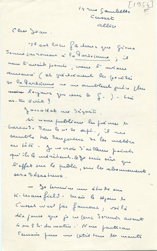 Lettre de Marcel Arland à Jean Paulhan, 1954 Lettre de Marcel Arland à Jean Paulhan, 1954