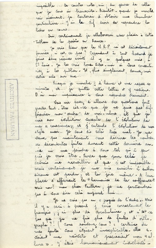 Lettre de Pierre Minet à Jean Paulhan, 1933-03-01