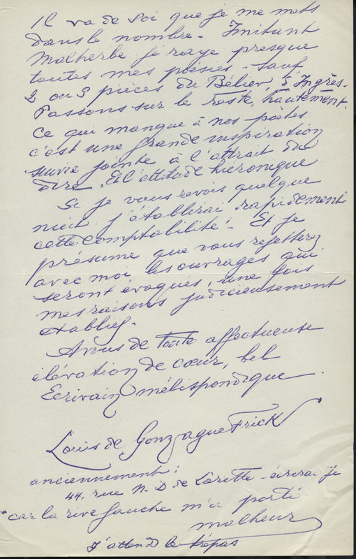 Lettre de Louis de Gonzague-Frick à Jean Paulhan, 1953