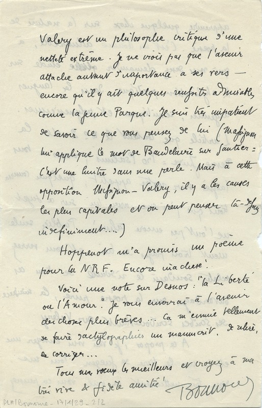 Lettre de Gabriel Bounoure à Jean Paulhan, 1929-01-17