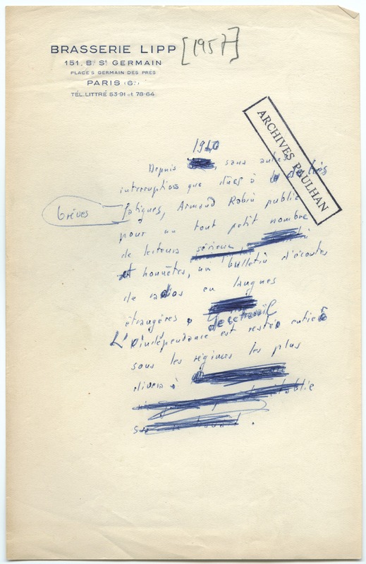 Lettre d'Armand Robin à Jean Paulhan (1957)
