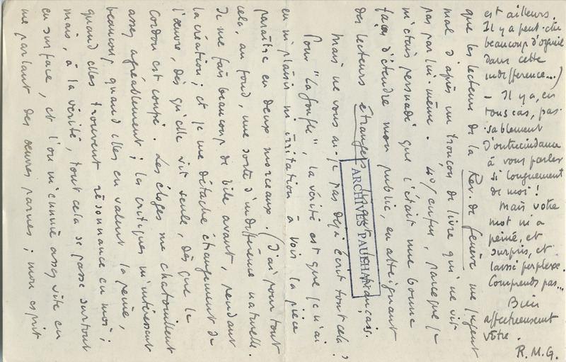 Lettre de Roger Martin du Gard à Jean Paulhan, 1928-06-14