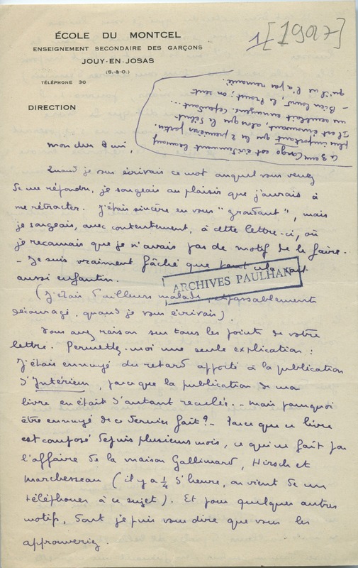 Lettre de Marcel Arland à Jean Paulhan, 1927