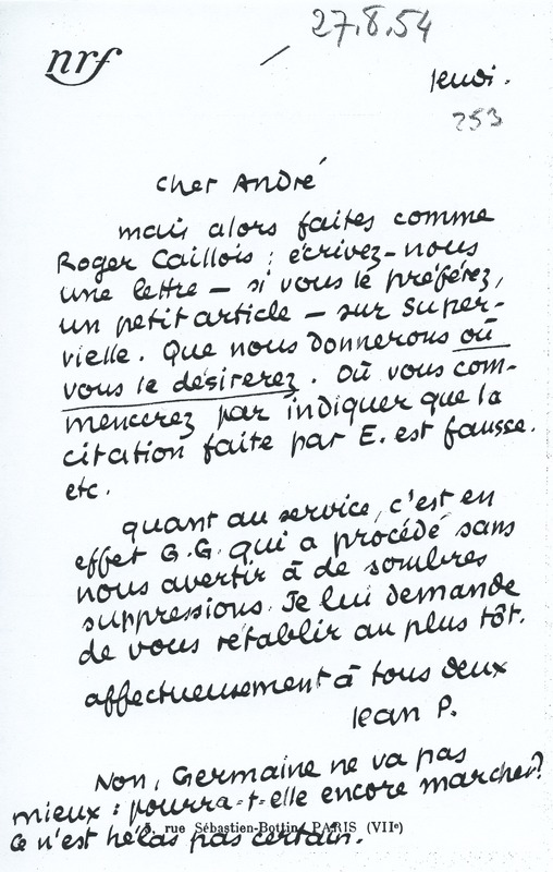 Lettre de Jean Paulhan à André Rolland de Renéville, 1954-08-27