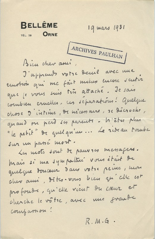 Lettre de Roger Martin du Gard à Jean Paulhan, 1931-03-19