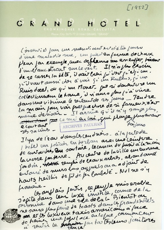 Lettre de Pierre Bettencourt à Jean Paulhan, 1952-09-28