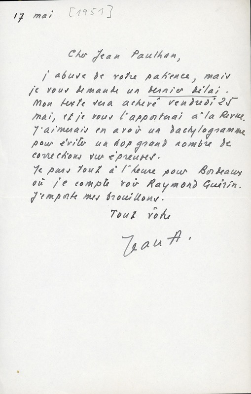 Lettre de Jean Amrouche à Jean Paulhan, 1951-05-17