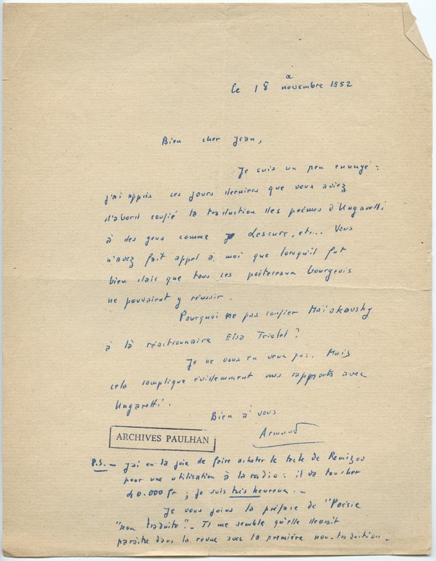 Lettre d'Armand Robin à Jean Paulhan (18 novembre 1952)