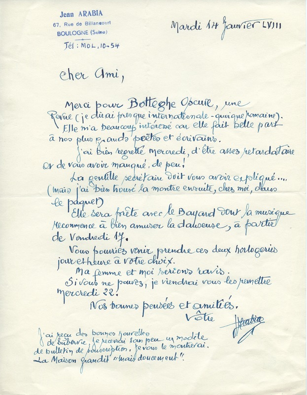 Lettre de Jean Arabia à Jean Paulhan, 1958-01-14