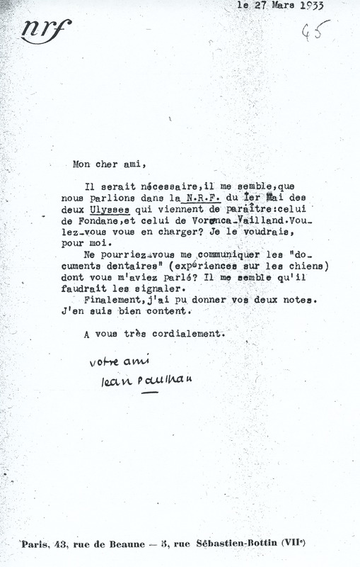 Lettre de Jean Paulhan à André Rolland de Renéville, 1933-03-27