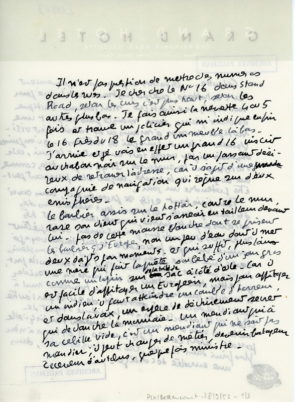 Lettre de Pierre Bettencourt à Jean Paulhan, 1952-09-28