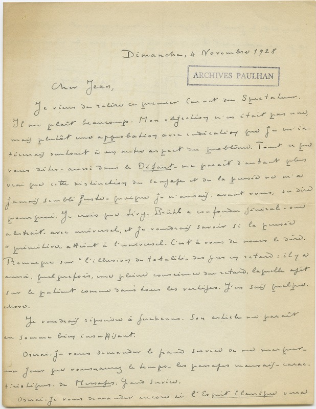 Lettre de Ramon Fernandez à Jean Paulhan (4 novembre 1928)
