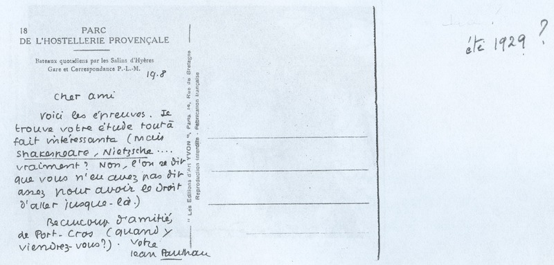 Lettre de Jean Paulhan à Julien Lanoë, 1929