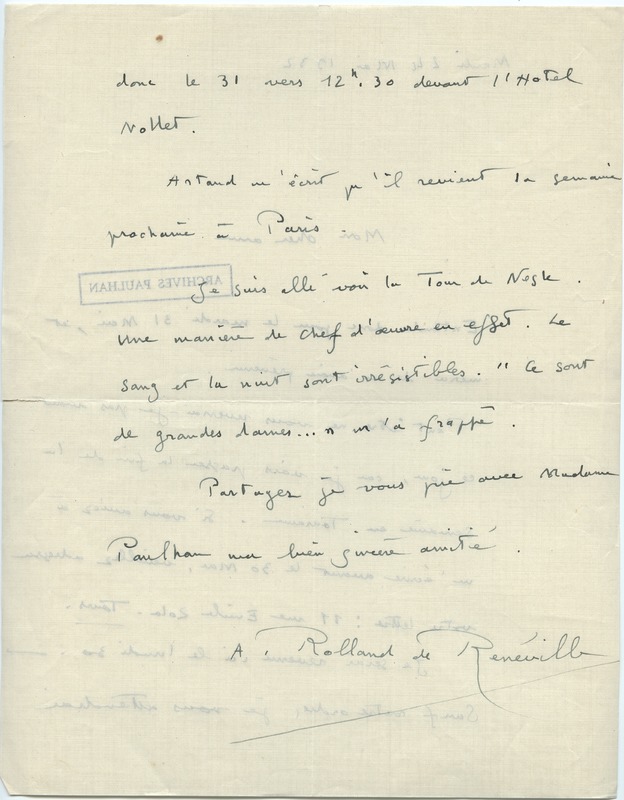 Lettre d'André Rolland de Renéville à Jean Paulhan, 1932-05-24