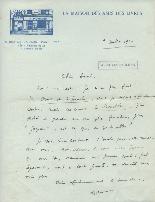 Lettre d'Adrienne Monnier à Jean Paulhan, 1934-07-04