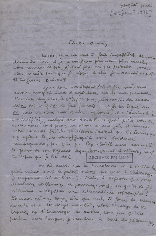 Lettre de René Daumal à Jean Paulhan, 1932 Lettre de René Daumal à Jean Paulhan, 1932