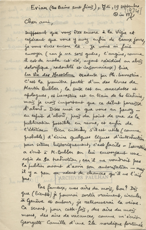 Lettre de René Daumal à Jean Paulhan, 1934-09-19