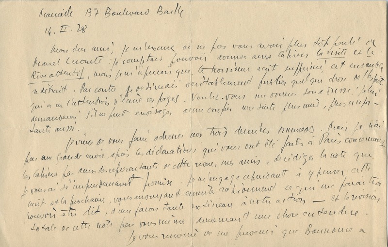 Lettre d'André Gaillard à Jean Paulhan, 1928-02-14