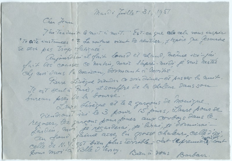 Lettre de Barbara Church à Jean Paulhan (31 juillet 1951)