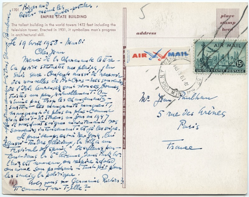 Lettre de Barbara Church à Jean Paulhan (19 avril 1958)