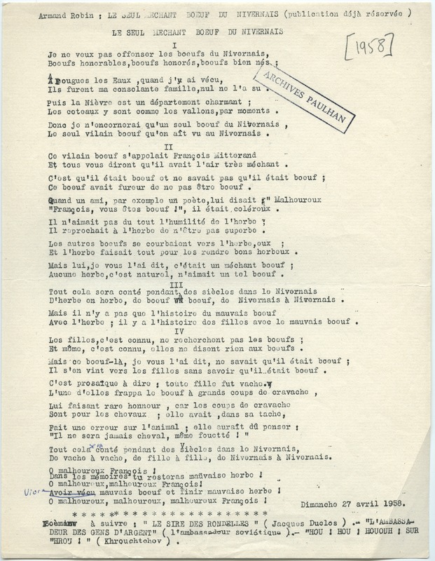 Lettre d'Armand Robin à Jean Paulhan (1958)