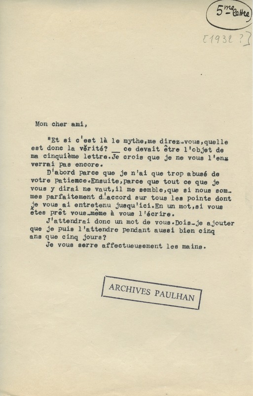 Lettre de Jean Paulhan à André Rolland de Renéville, 1932