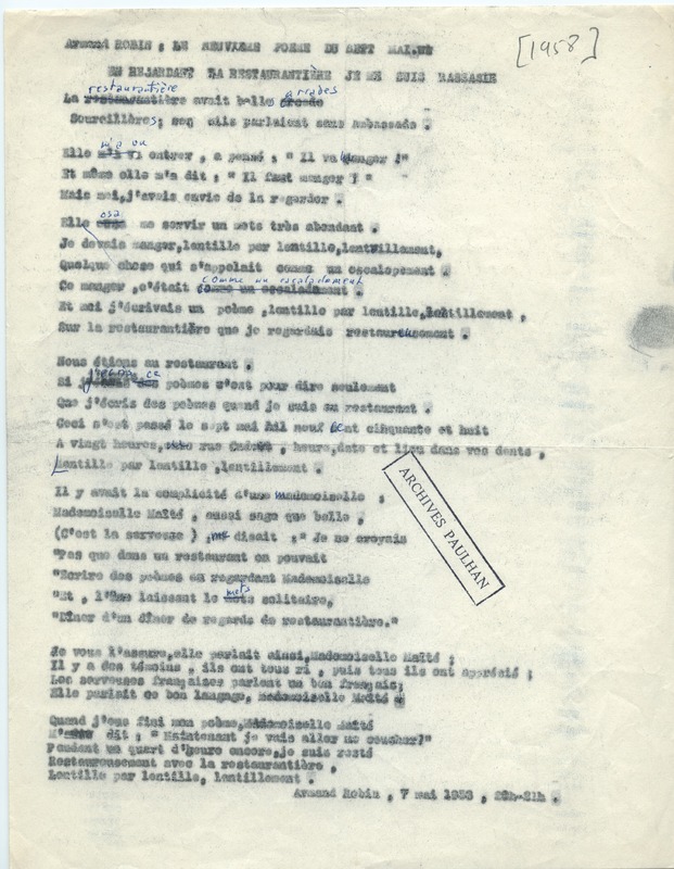Lettre d'Armand Robin à Jean Paulhan (1958)