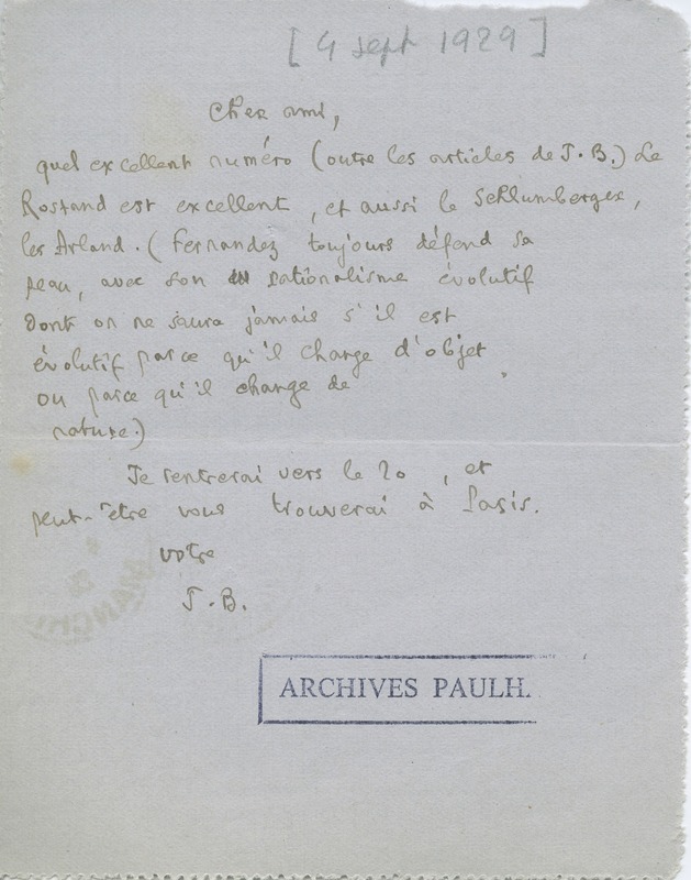 Lettre de Julien Benda à Jean Paulhan, 1929-09-04