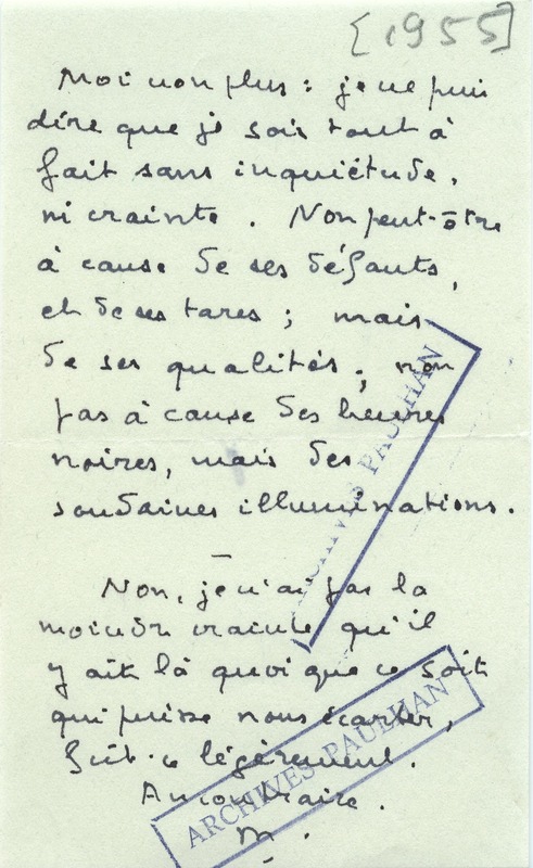 Lettre de Marcel Arland à Jean Paulhan, 1955