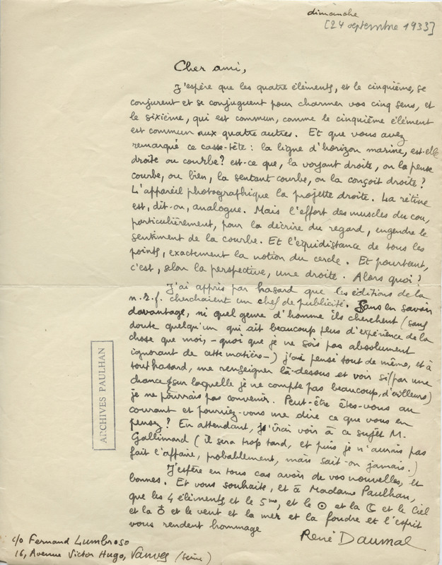 Lettre de René Daumal à Jean Paulhan, 1933-09-24 Lettre de René Daumal à Jean Paulhan, 1933-09-24