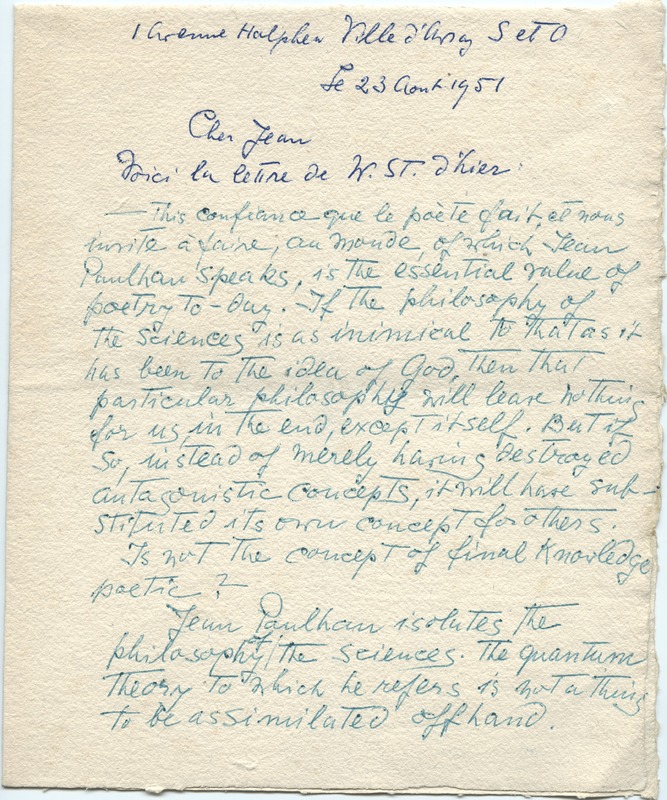 Lettre de Barbara Church à Jean Paulhan (23 août 1951)