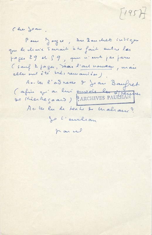 Lettre de Marcel Arland à Jean Paulhan, 1957 Lettre de Marcel Arland à Jean Paulhan, 1957