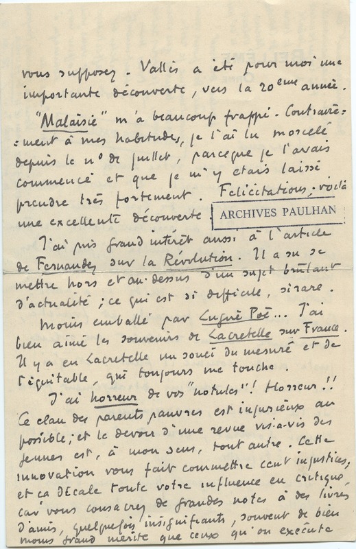 Lettre de Roger Martin du Gard à Jean Paulhan, 1930-10-09