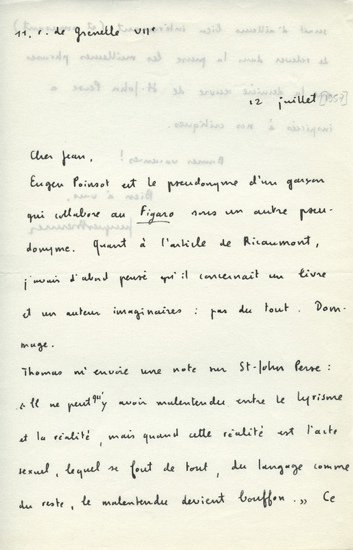 Lettre de Jacques Brenner à Jean Paulhan, 1957-07-12