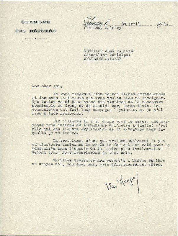 Lettre de Jean Longuet à Jean Paulhan, 1936-04-29 Lettre de Jean Longuet à Jean Paulhan, 1936-04-29