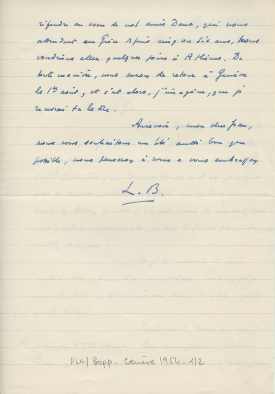 Lettre de Léon Bopp à Jean Paulhan, 1954