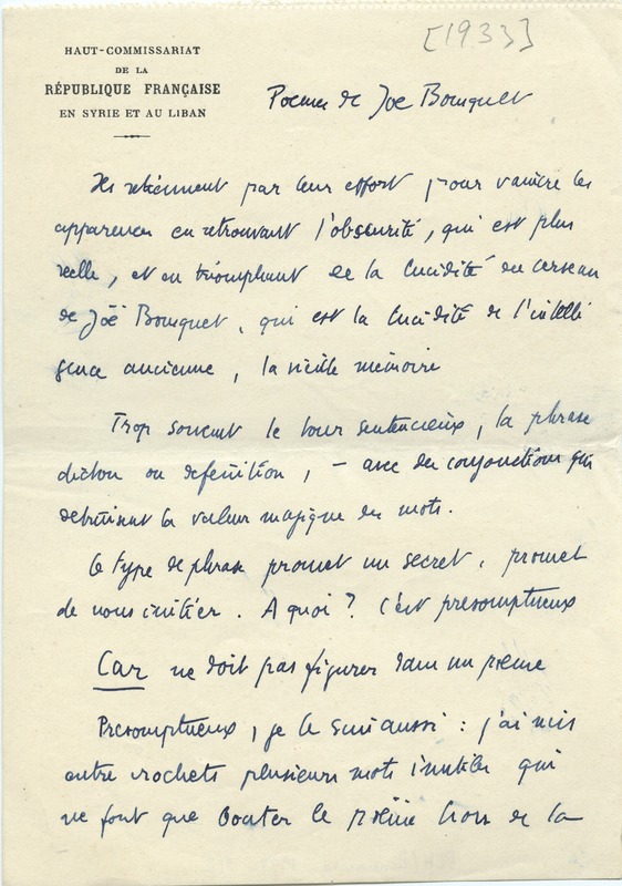 Lettre de Gabriel Bounoure à Jean Paulhan, 1933