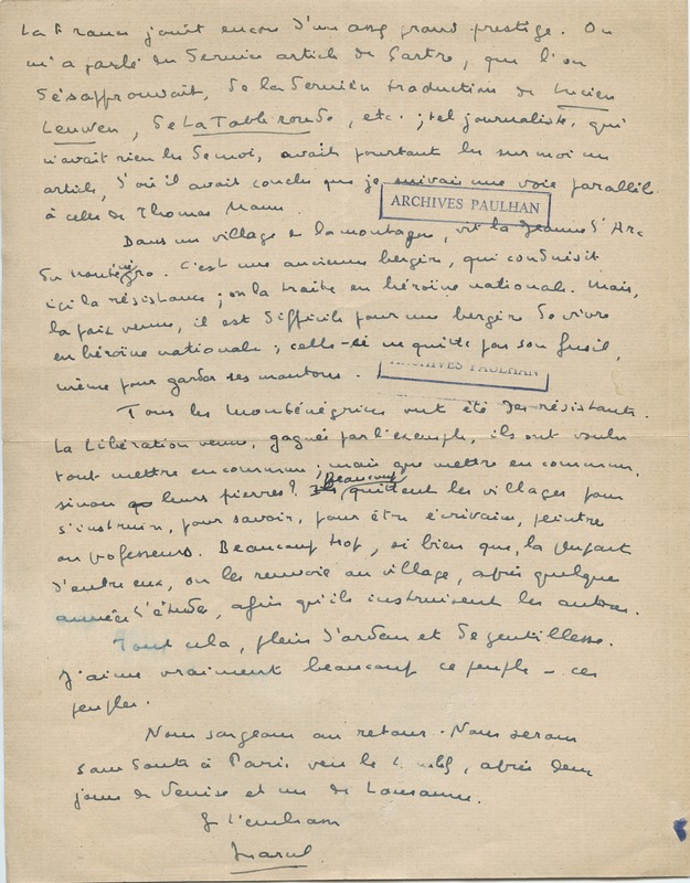 Lettre de Marcel Arland à Jean Paulhan, 1952-08-23