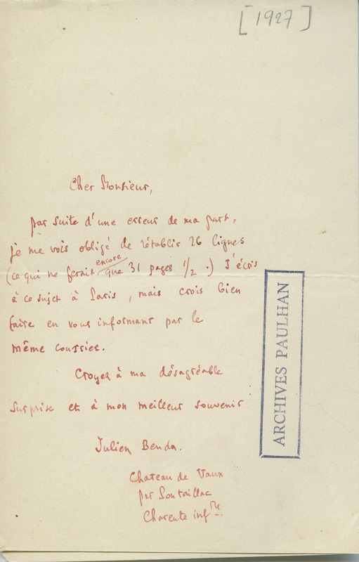 Lettre de Julien Benda à Jean Paulhan, 1927