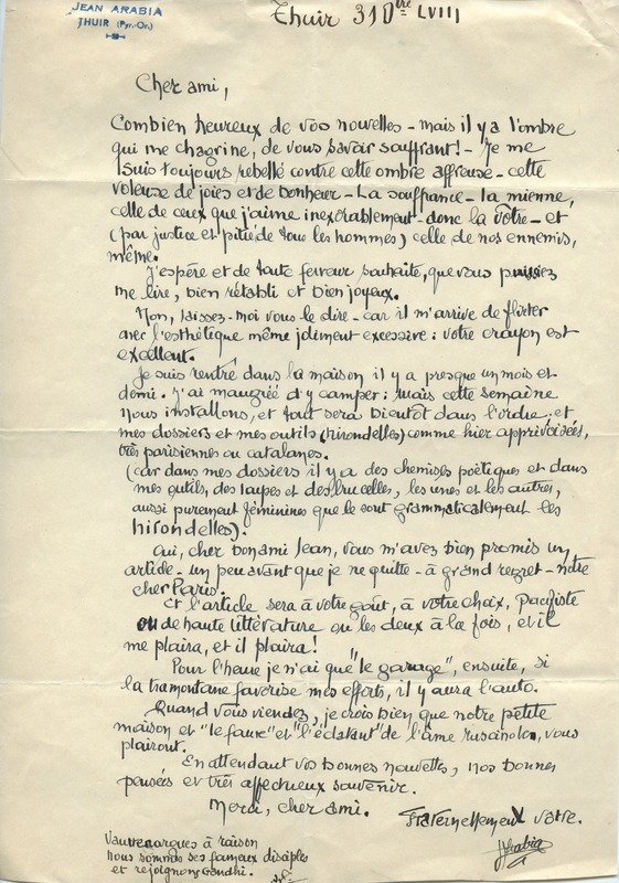 Lettre de Jean Arabia à Jean Paulhan, 1958-12-31